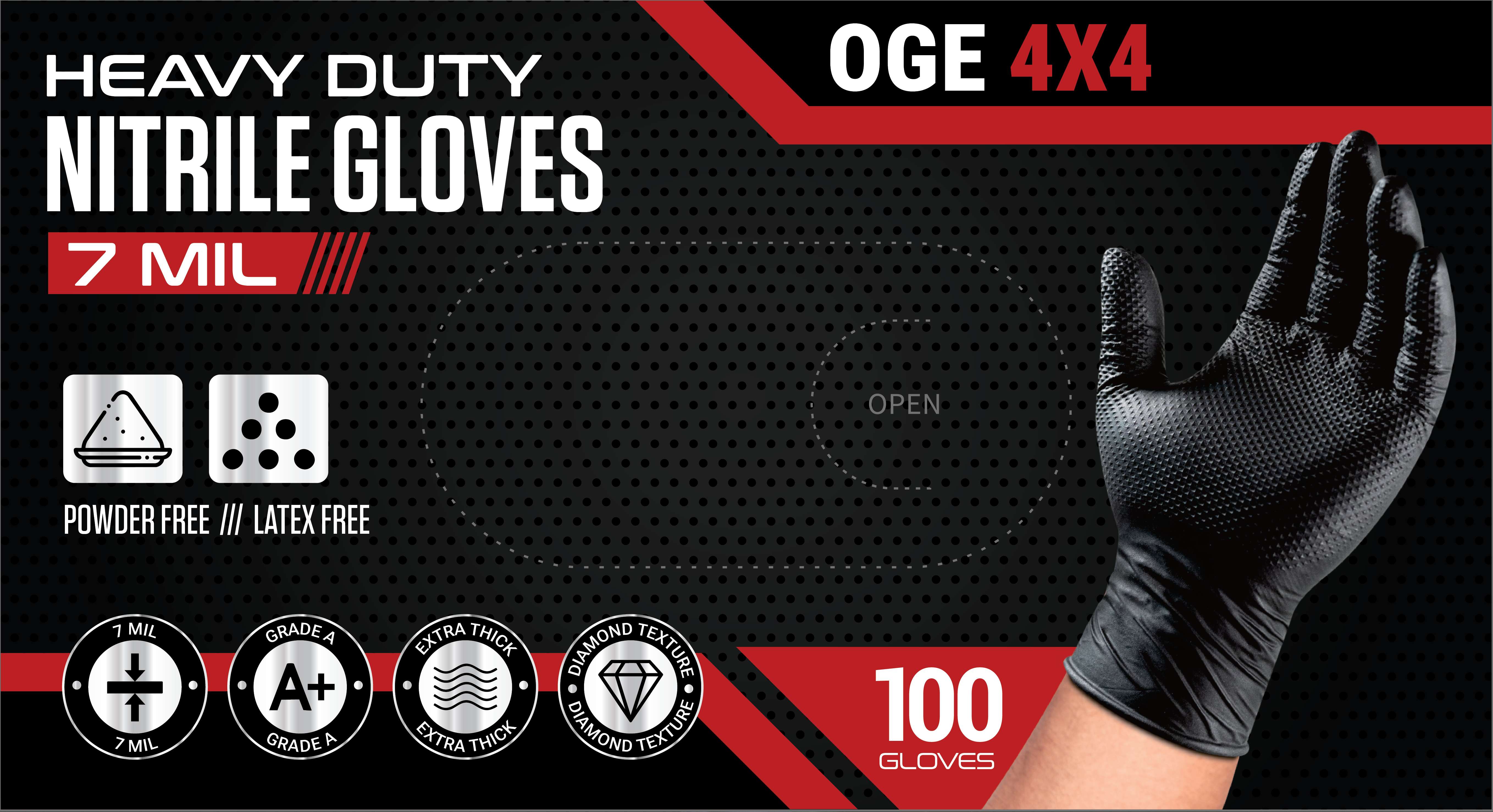 OGE 4X4 Heavy Duty Diamond Textured Nitrile Gloves 7 mil (100 Gloves)