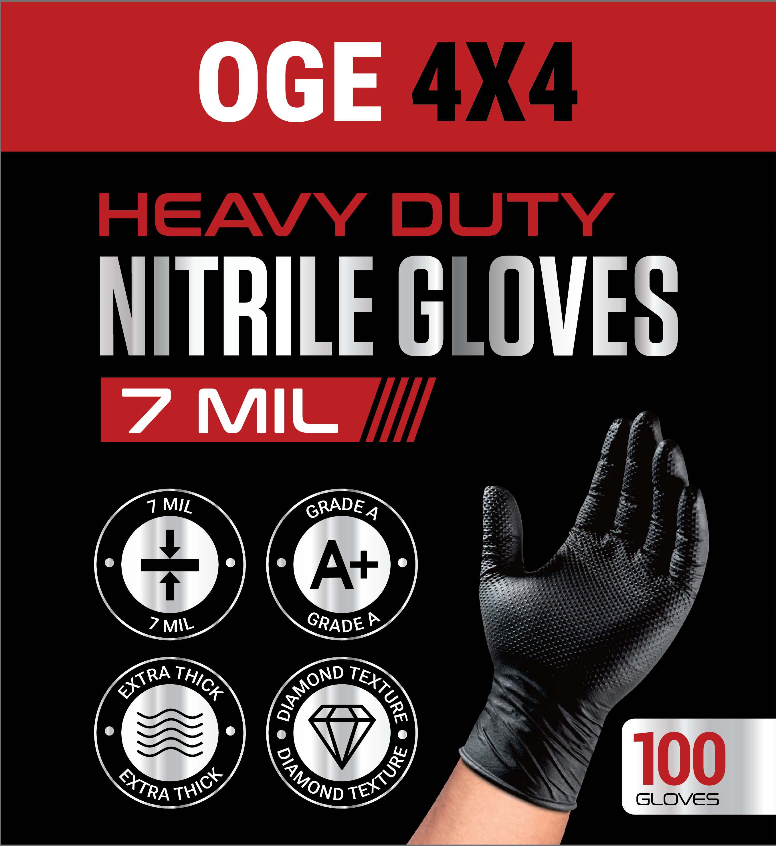 OGE 4X4 Heavy Duty Diamond Textured Nitrile Gloves 7 mil (100 Gloves)